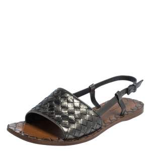Pre Owned Bottega Veneta Metallic Grey Leather Slingback  Flat Sandals Size 37
