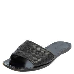 Pre Owned Bottega Veneta Black  Intrecciato Leather Flat Sandals Size 38