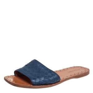 Pre Owned Bottega Veneta Blue Intrecciato Leather Slides Flat Size 38