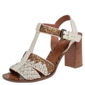 Pre Owned Bottega Veneta Cream/Gold  Leather Intrecciato Ankle Strap Block Heel Sandals Size 40