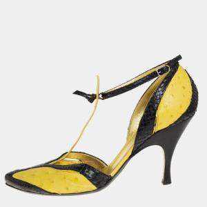 Bottega Veneta Yellow/Black  Ostrich And Python Ankle Strap Pumps Size 39