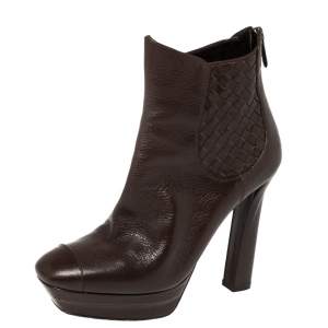 Pre Owned Bottega Veneta Brown Leather Intrecciato Platform Ankle Boots Size 38.5