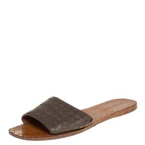 Pre Owned Bottega Veneta Grey Intrecciato Leather Flat Slides Size 37