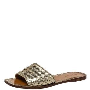 Pre Owned Bottega Veneta Gold Intrecciato Leather Slide Flats Size 38