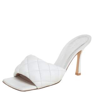 Pre Owned Bottega Veneta White Leather BV Lido Slide Sandals Size 38 