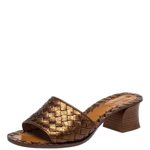 Pre Owned Bottega Veneta Metallic Brown Intrecciato Leather Ravello Slide Sandals Size 37