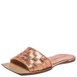 Pre Owned Bottega Veneta Metallic Rose Gold Leather Slide Sandals Size 38