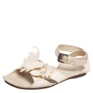 Pre Owned Bottega Veneta Cream Leather Butterfly Detail Flat Sandals Size 37.5