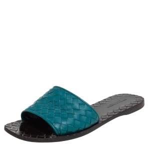 Pre Owned Bottega Veneta Blue Intrecciato Leather Flat Slide Size 36