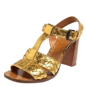 Pre Owned Bottega Veneta Metallic Gold Intrecciato Leather T Strap Sandals Size 39