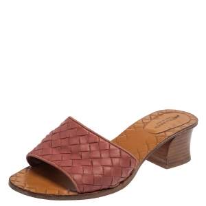 Pre Owned Bottega Veneta Pink Intrecciato Leather Slide Sandals Size 35