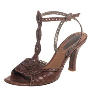 Pre Owned Bottega Veneta Brown Intrecciato Perforated Leather Ankle Strap Sandals Size 40