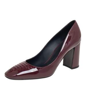 Pre Owned Bottega Veneta Burgundy Patent Leather Intrecciato Detail Block Heel Pumps Size 39
