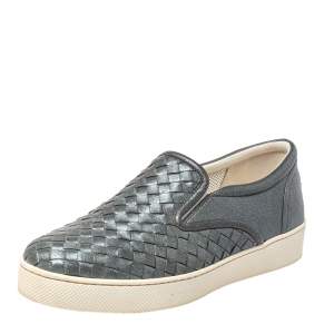 Pre Owned Bottega Veneta Grey Intrecciato Leather Dodger Slip On Sneakers Size 37.5