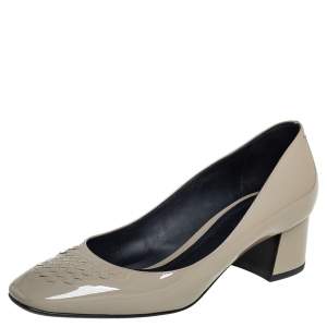 Pre Owned Bottega Veneta Grey Patent Leather Block Heel Pumps Size 37