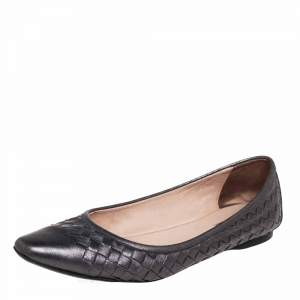 Pre Owned Bottega Veneta Metallic Grey Intrecciato Leather Pointed Toe Ballet Flats Size 38