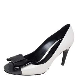 Pre Owned Bottega Veneta Tricolor Patent Leather And Leather Intrecciato Bow Pumps Size 38