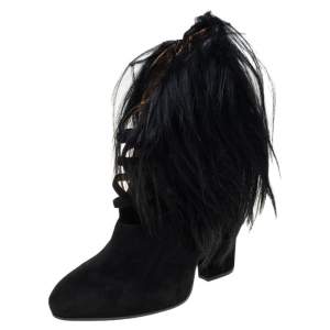 Pre Owned Bottega Veneta Black Suede And Goat Fur Criss Cross Ankle Boots Size 38
