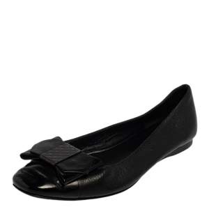 Pre Owned Bottega Veneta Black Leather  And Patent Bow Ballet Flats Size 39