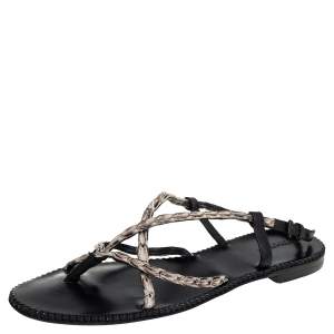 Pre Owned Bottega Veneta White/Black Leather Strappy Thong Sandals Size 41