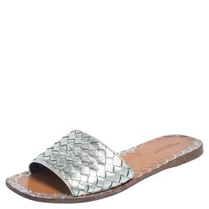 Pre Owned Bottega Veneta Silver Intrecciato Leather Slide Flats Size 39
