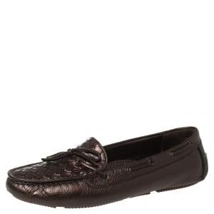 Pre Owned Bottega Veneta Metallic Brown Intrecciato Leather Bow Slip On Loafers Size 38.5