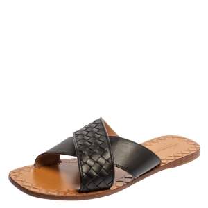Pre Owned Bottega Veneta Black Intrecciato Leather Ravello Criss Cross Flat Slides Size 39