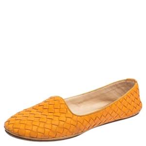 Pre Owned Bottega Veneta Orange Intrecciato Leather Ballet Flats Size 38.5