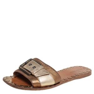 Pre Owned Bottega Veneta Gold/Bronze Leather Buckle Detail Flat Slides Size 38