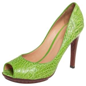 حذاء كعب عالي بوتيغا فينيتا مقدمة مفتوحة جلد تمساح أخضر مقاس 40