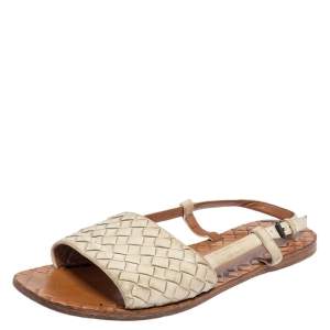 Pre Owned  Bottega Veneta White Intrecciato Leather Slingback Sandals Size 36.5