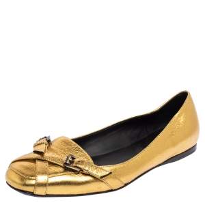 Pre Owned Bottega Veneta Gold Leather Ballet Flats Size 39