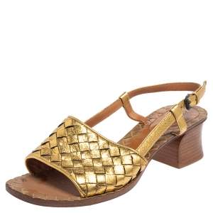 Pre Owned Bottega Veneta Gold Intrecciato Leather Sandals Size 36
