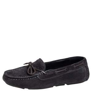 Pre Owned Bottega Veneta Black Intrecciato Suede Bow Slip On Loafers Size 36.5