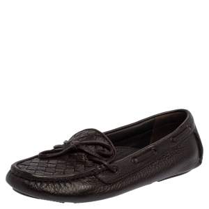Pre Owned Bottega Veneta Brown Intrecciato Leather Bow Slip On Loafers Size 36