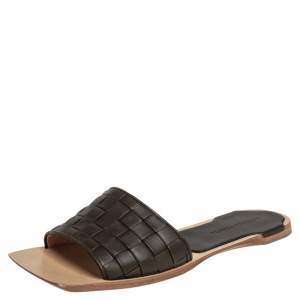 Pre Owned Bottega Veneta Dark Olive Green Intrecciato Leather Slide Flats Size 40.5