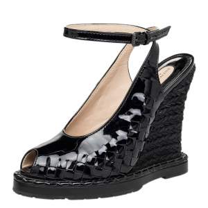 Pre Owned Bottega Veneta Black Intrecciato Patent Leather Wedge Sandals Size 38