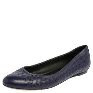 Pre Owned Bottega Veneta Indigo Blue Intrecciato Leather Ballet Flats Size 40