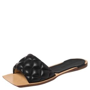 Pre Owned Bottega Veneta Black Quilted Leather Flat Slides Size 38