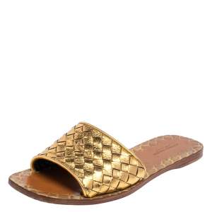 Pre Owned Bottega Veneta Gold Intrecciato Leather Ravello Flats Size 36.5