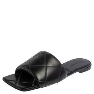 Pre Owned Bottega Black Quilted Leather Slide Flats Size 42