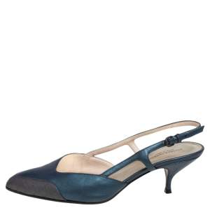 Pre Owned Bottega Veneta Dark Green/Brown Leather Slingback Kitten Heel Sandals Size 38.5