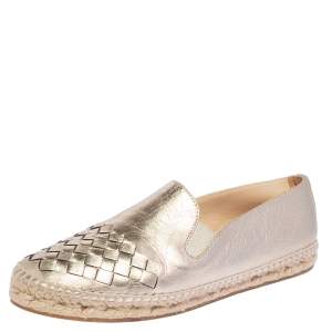 Pre Owned Bottega Veneta Gold Intreciatto Leather Espadrille Flats Size 36