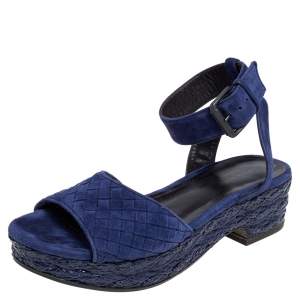 Pre Owned Bottega Veneta Blue Intrecciato Suede Coated Espadrille Platform Sandals Size 38