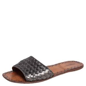 Pre Owned Bottega Veneta Metallic Green Intrecciato Leather Slide Flats Size 41