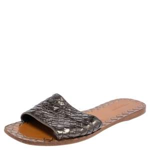 Pre Owned Bottega Veneta Metallic Grey Intrecciato Leather Flat Slides Size 39