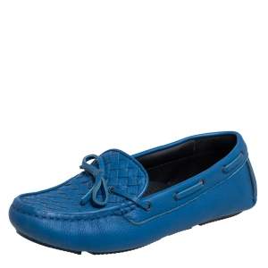 Pre Owned Bottega Veneta Blue Intrecciato Leather Bow Slip On Loafers Size 38