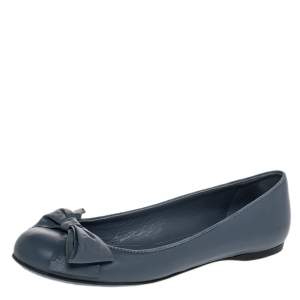 Pre Owned Bottega Veneta Blue Leather Bow Ballet Flats Size 36