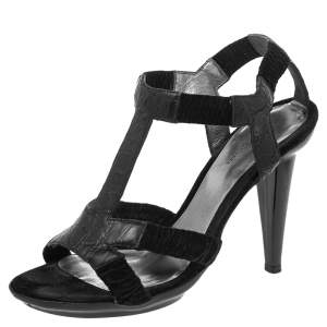Bottega Veneta Black Croc Embossed Leather T-Strap Sandals Size 38.5
