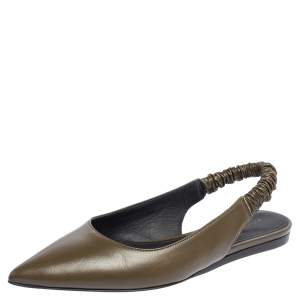 Pre Owned Bottega Veneta Olive Green Leather Slingback Pointed Toe Flat Pumps Size 37